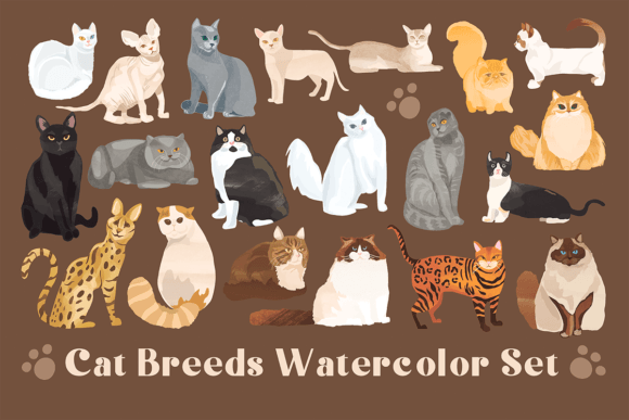 A Cat Breeds Watercolor Set for Crafts and Product Kits