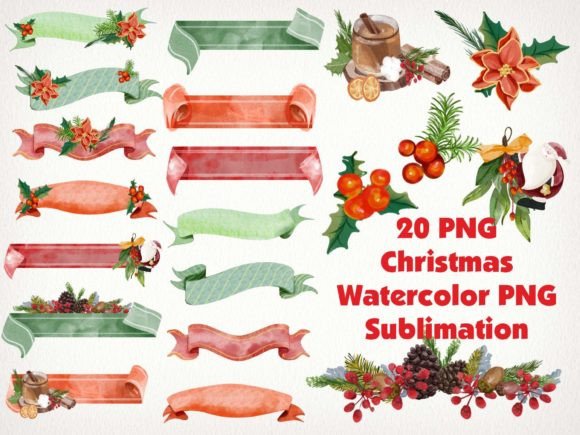 Christmas Watercolor Ribbon Graphics for Crafting