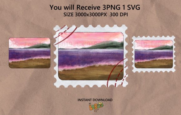 Love Pink Sea Stamp Watercolor Graphics for Editorial Crafts